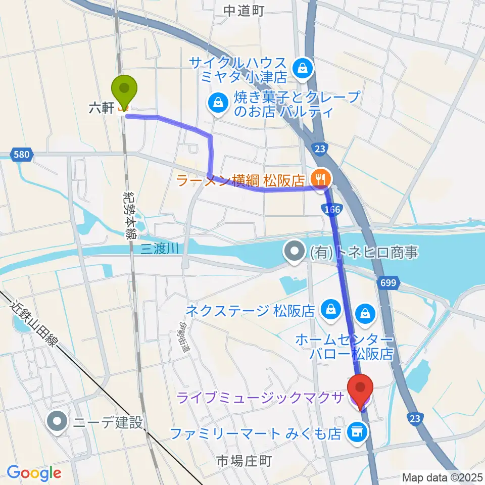 六軒駅から松阪マクサへのルートマップ地図