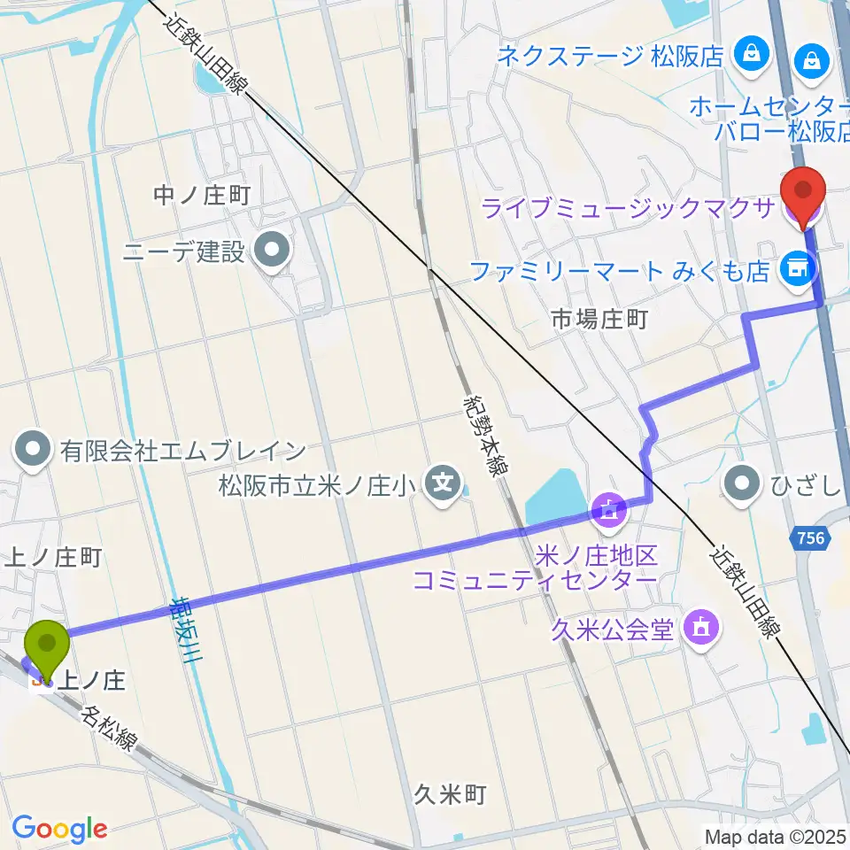 上ノ庄駅から松阪マクサへのルートマップ地図