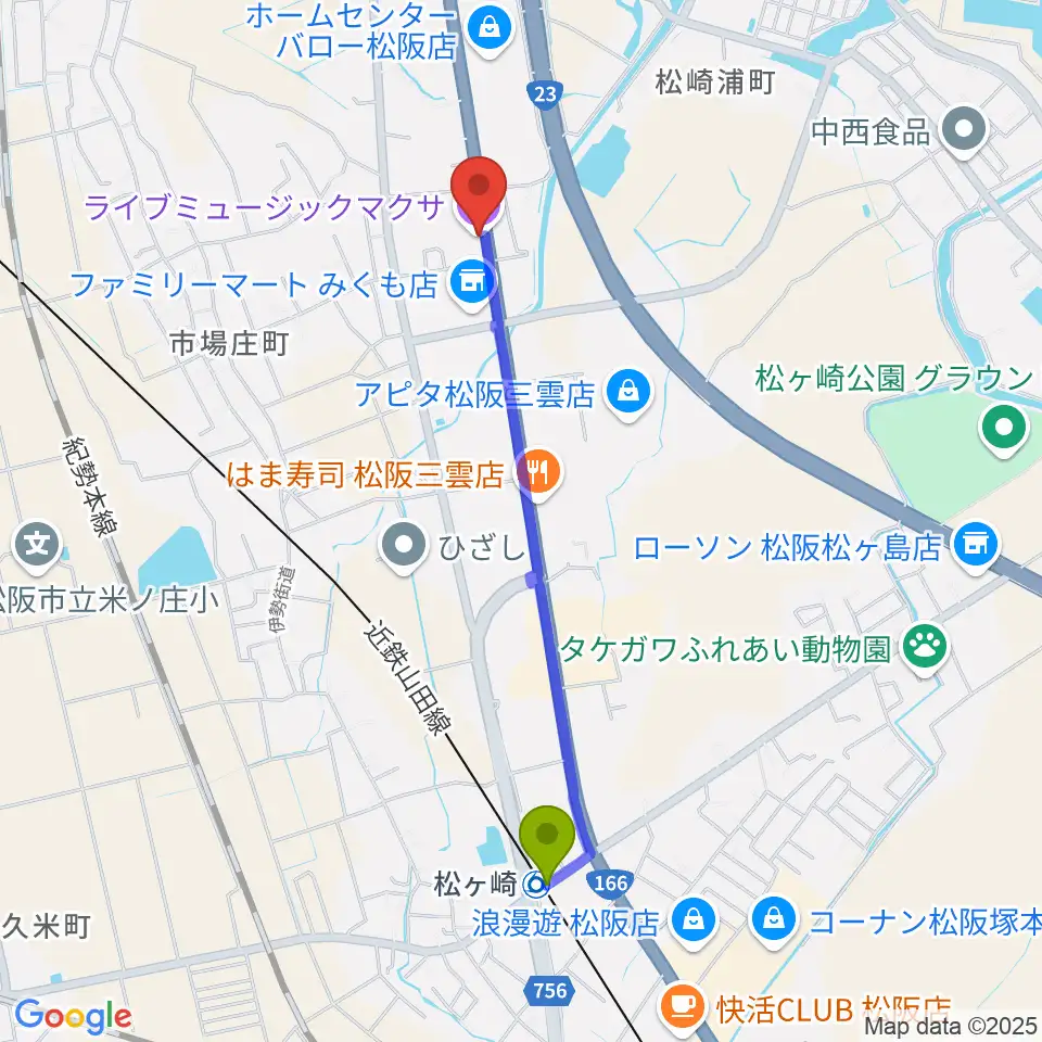 松阪マクサの最寄駅松ヶ崎駅からの徒歩ルート（約20分）地図