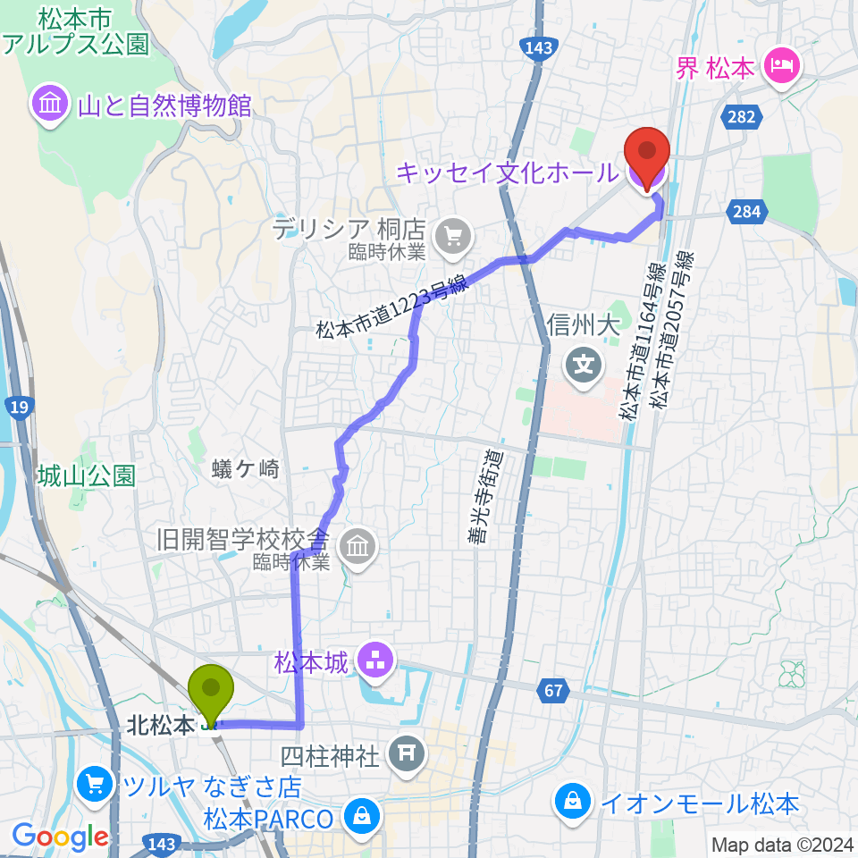 キッセイ文化ホール（長野県松本文化会館）の最寄駅北松本駅からの徒歩ルート（約50分）地図