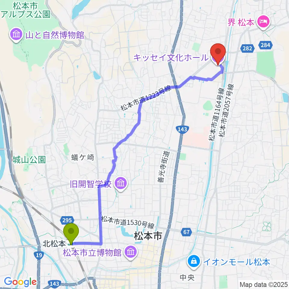 キッセイ文化ホールの最寄駅北松本駅からの徒歩ルート（約49分）地図