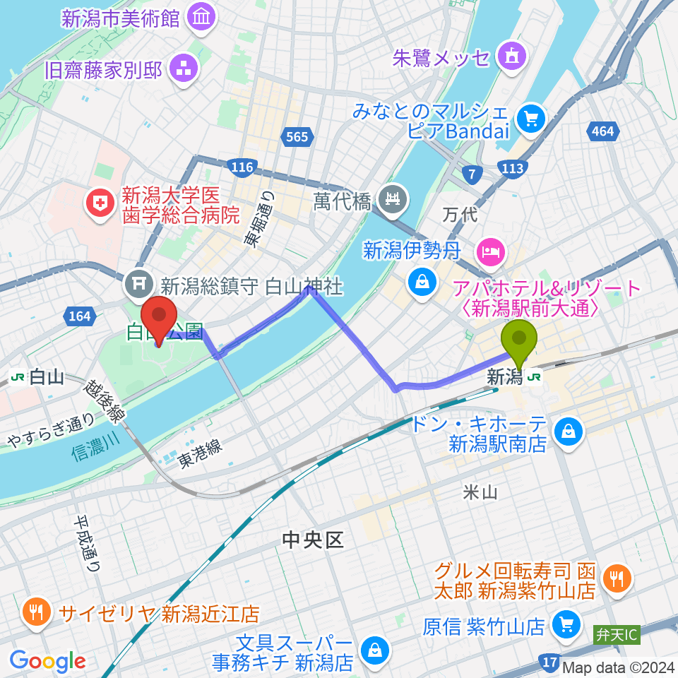 新潟駅から新潟県民会館へのルートマップ地図