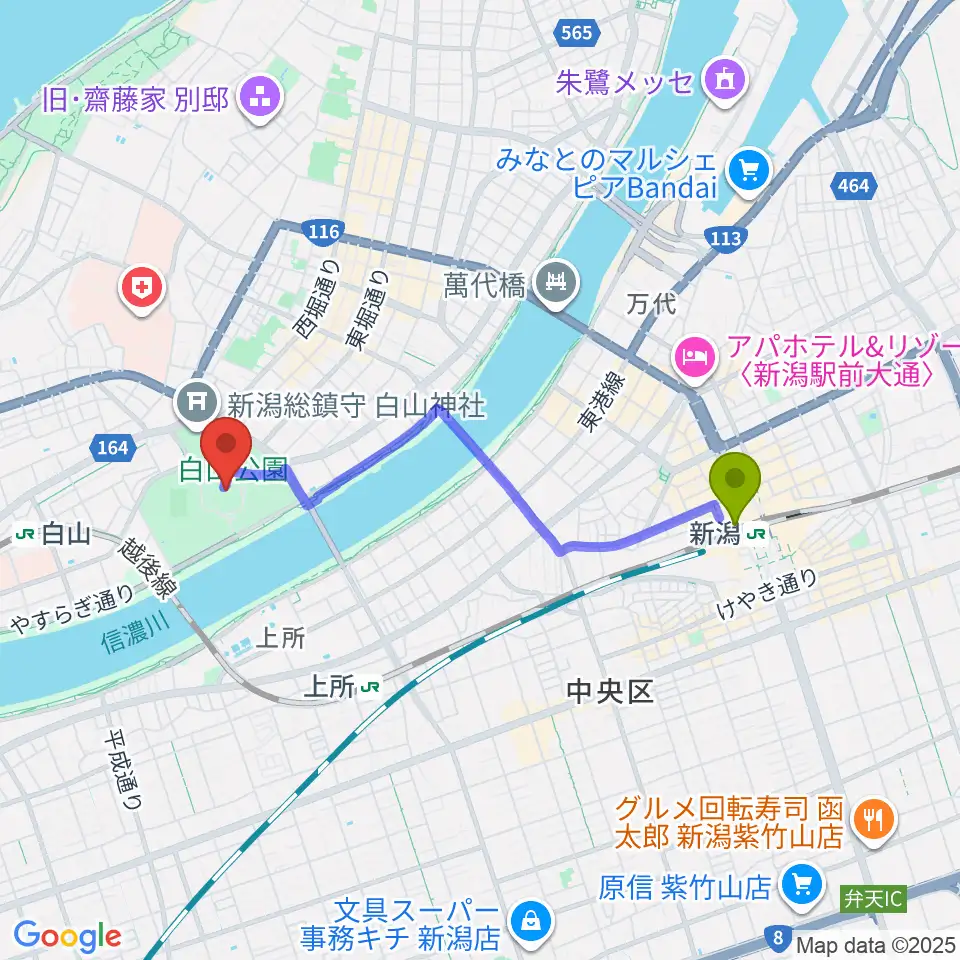 新潟駅から新潟県民会館へのルートマップ地図