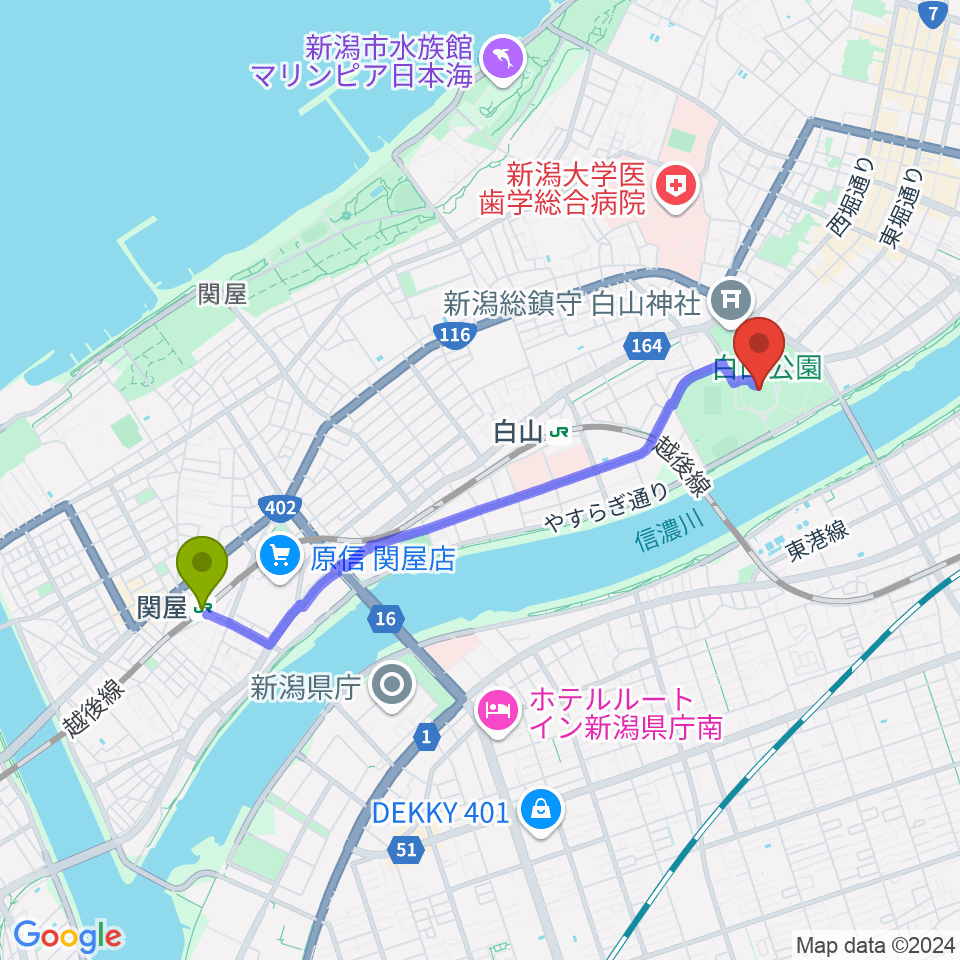 関屋駅から新潟県民会館へのルートマップ地図