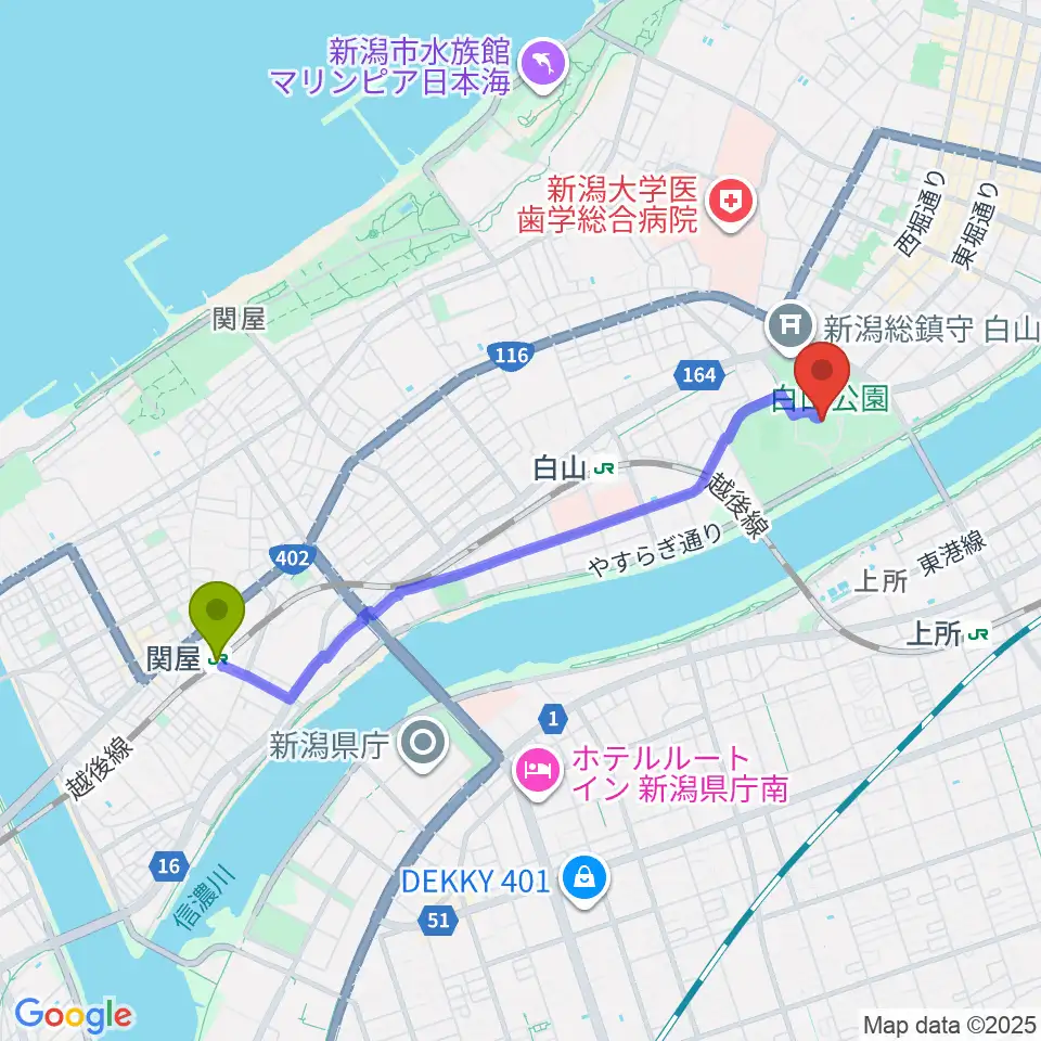 関屋駅から新潟県民会館へのルートマップ地図