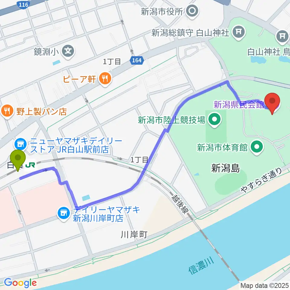 新潟県民会館の最寄駅白山駅からの徒歩ルート（約14分）地図