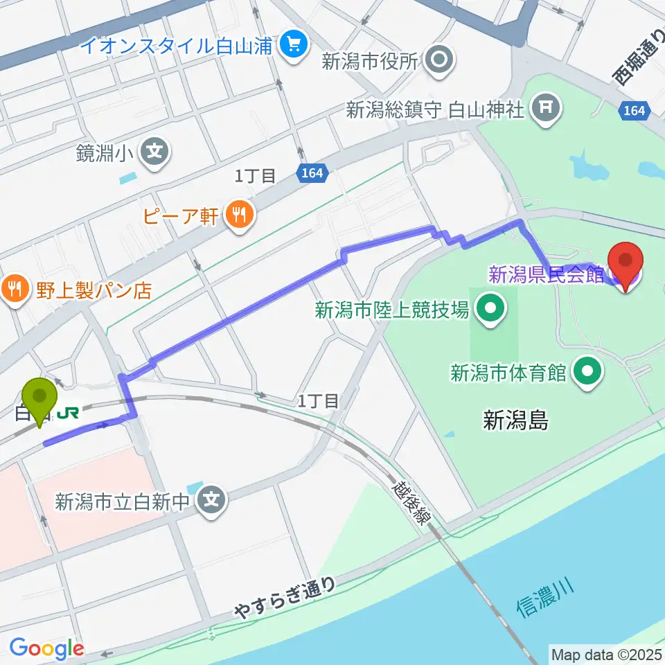 新潟県民会館の最寄駅白山駅からの徒歩ルート（約14分）地図