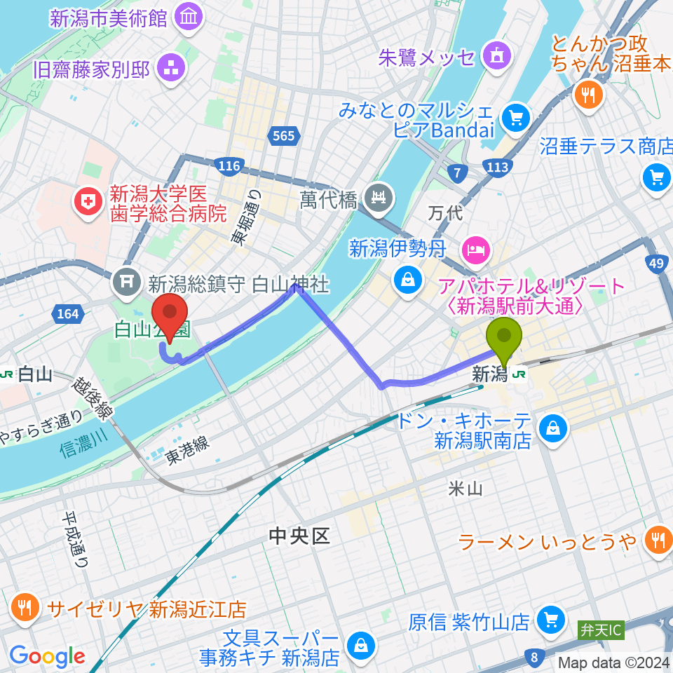 新潟駅からりゅーとぴあ 新潟市民芸術文化会館へのルートマップ地図