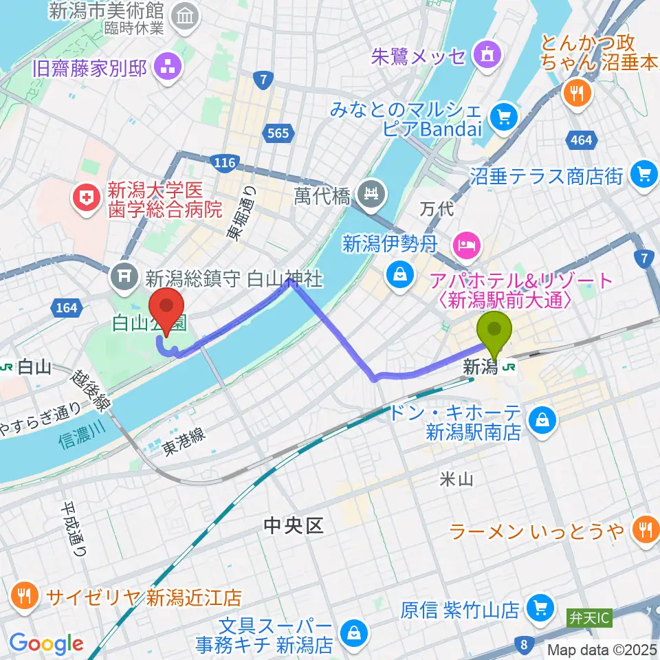 新潟駅からりゅーとぴあ 新潟市民芸術文化会館へのルートマップ地図