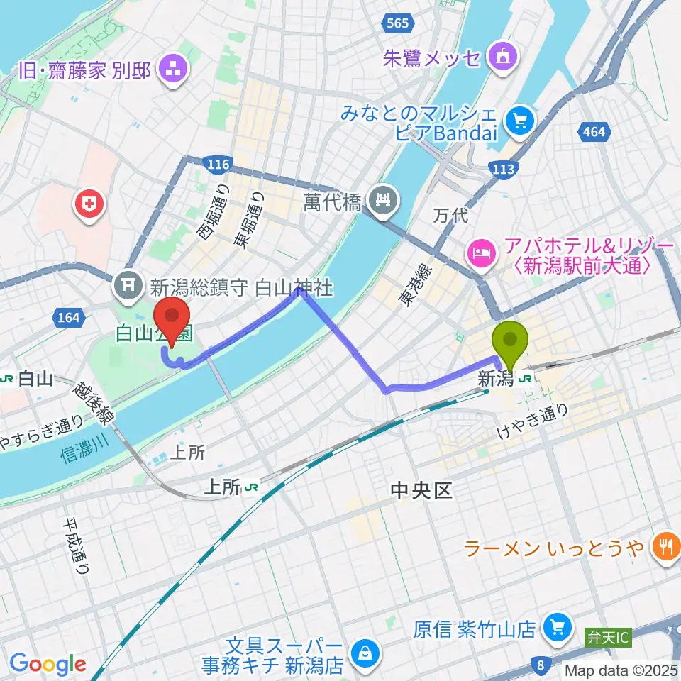 新潟駅からりゅーとぴあ 新潟市民芸術文化会館へのルートマップ地図