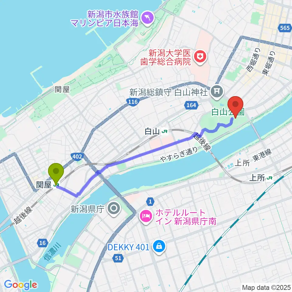 関屋駅からりゅーとぴあ 新潟市民芸術文化会館へのルートマップ地図
