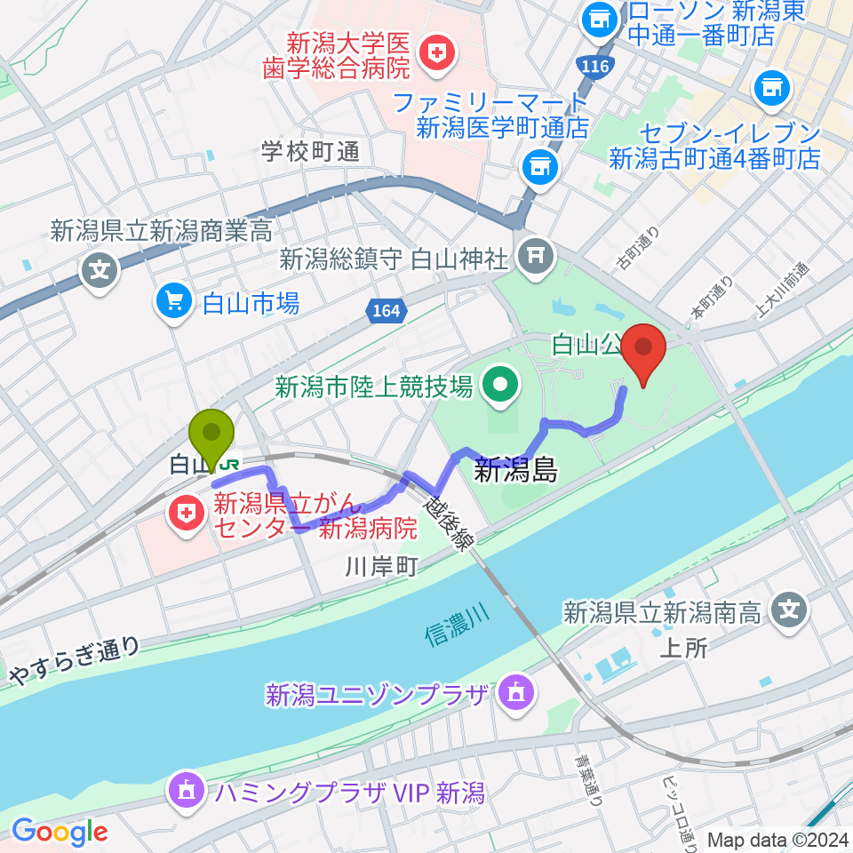 りゅーとぴあ 新潟市民芸術文化会館の最寄駅白山駅からの徒歩ルート（約16分）地図