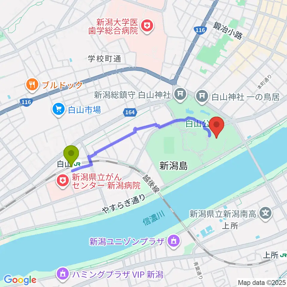 りゅーとぴあ 新潟市民芸術文化会館の最寄駅白山駅からの徒歩ルート（約16分）地図