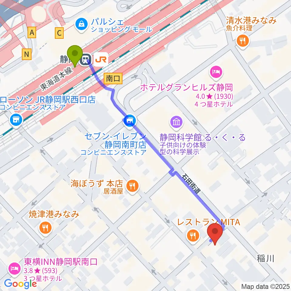 静岡サナッシュの最寄駅静岡駅からの徒歩ルート（約6分）地図