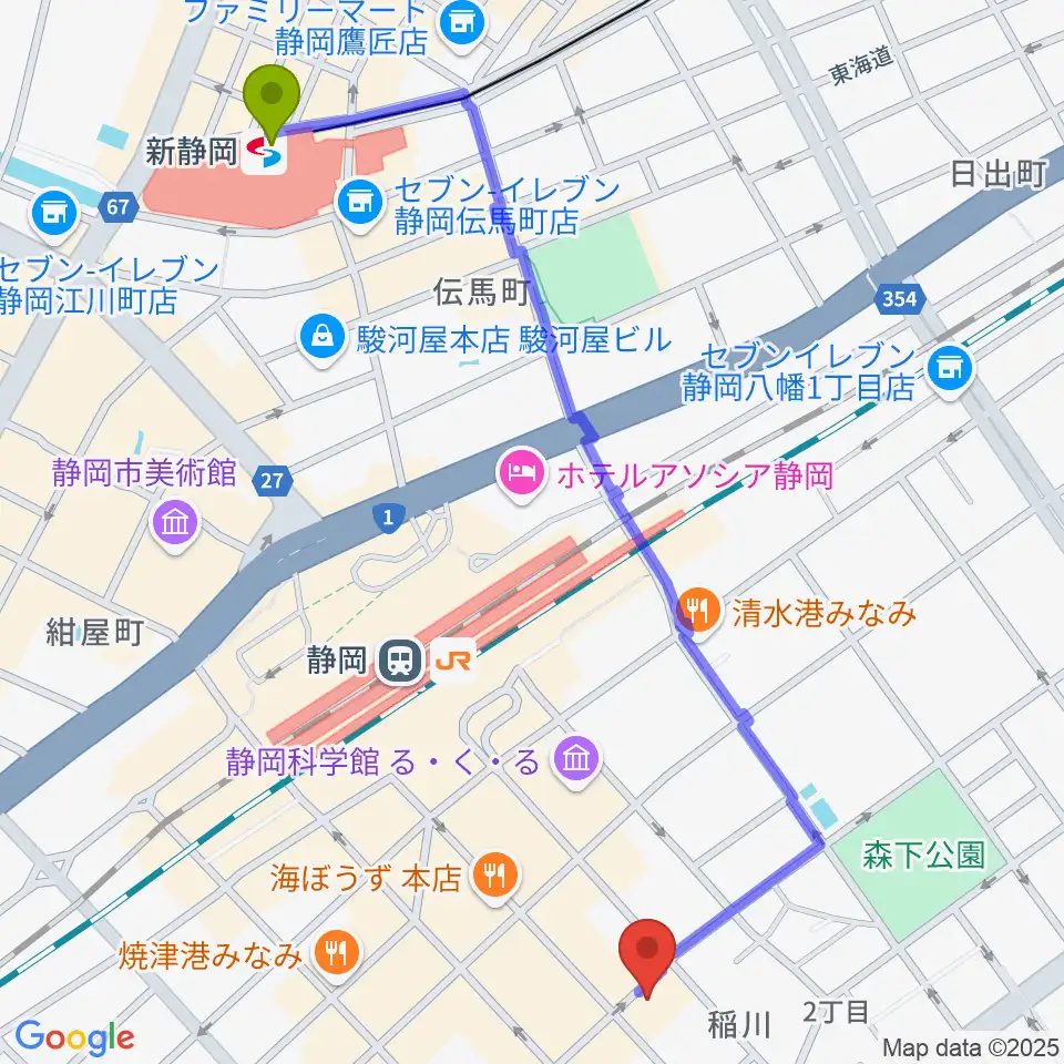 新静岡駅から静岡サナッシュへのルートマップ地図