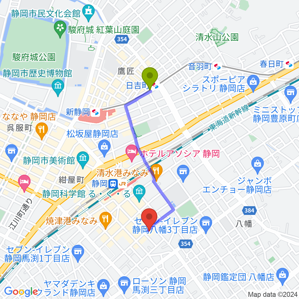 日吉町駅から静岡サナッシュへのルートマップ地図