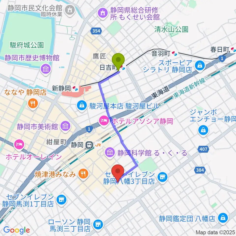 日吉町駅から静岡サナッシュへのルートマップ地図
