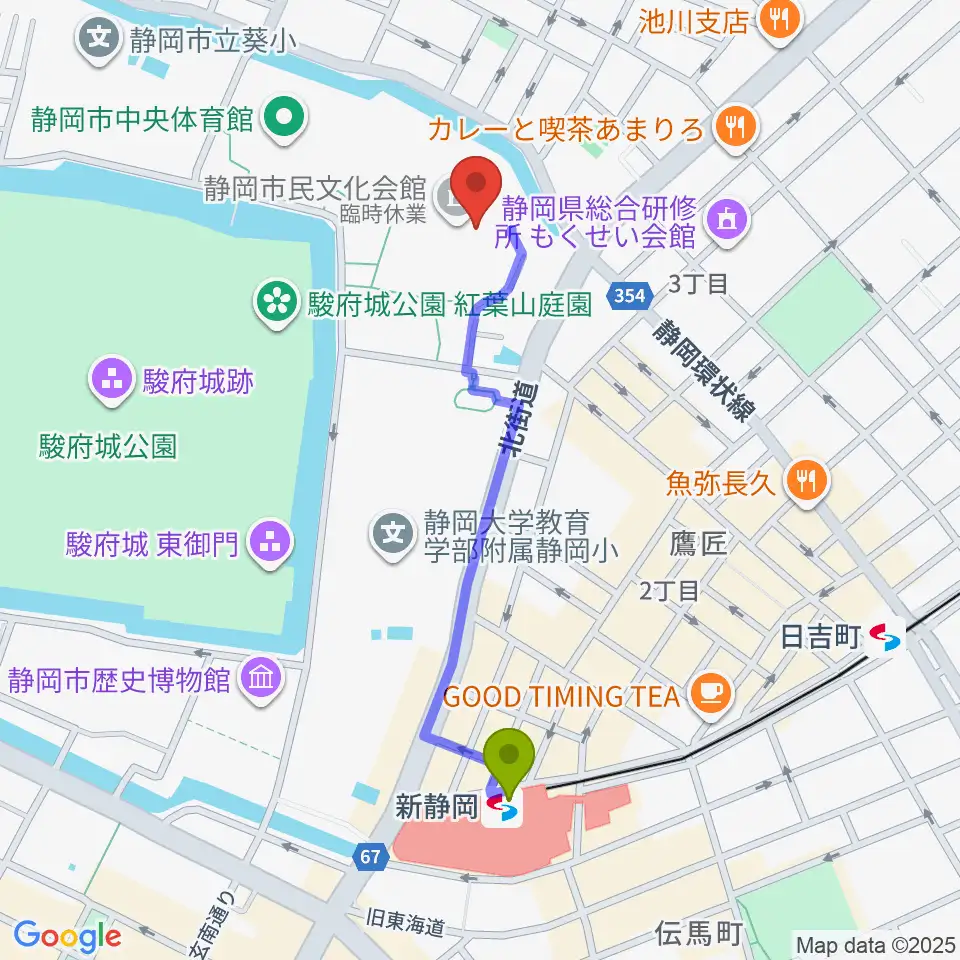 静岡市民文化会館の最寄駅新静岡駅からの徒歩ルート（約9分）地図