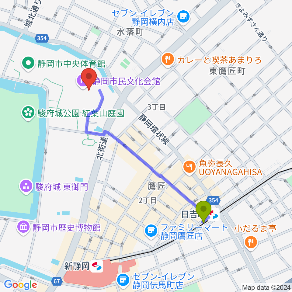 日吉町駅から静岡市民文化会館へのルートマップ地図