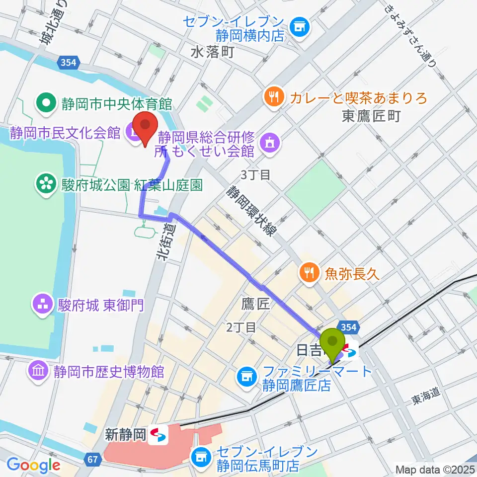 日吉町駅から静岡市民文化会館へのルートマップ地図