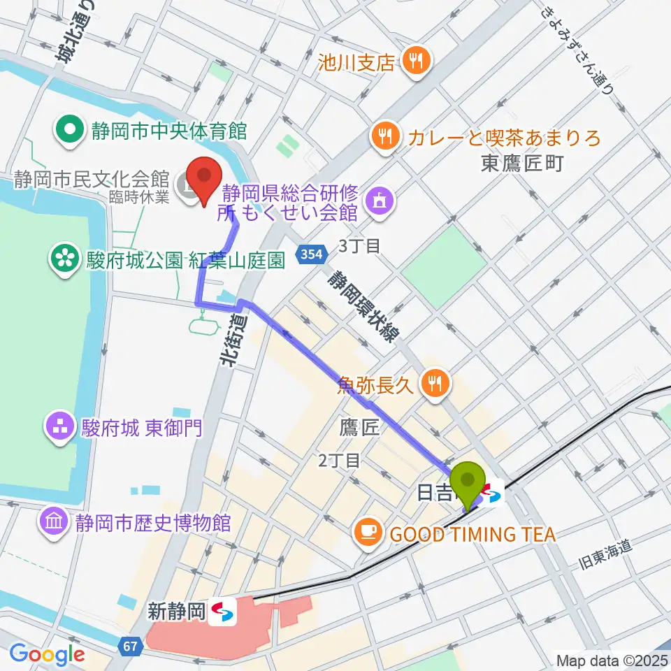 日吉町駅から静岡市民文化会館へのルートマップ地図