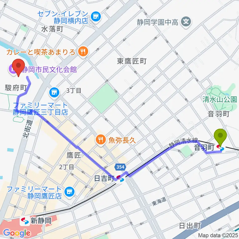 音羽町駅から静岡市民文化会館へのルートマップ地図