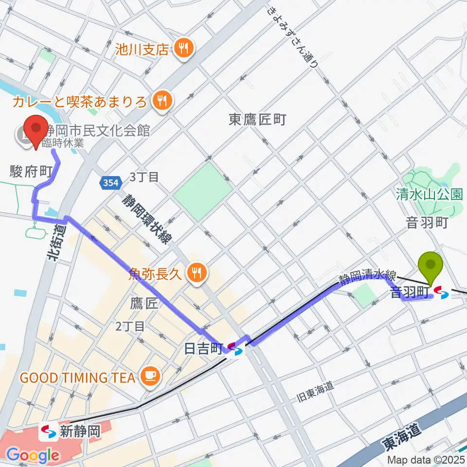 音羽町駅から静岡市民文化会館へのルートマップ地図