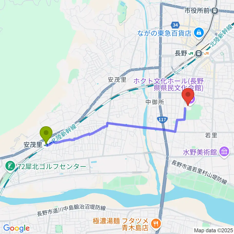 安茂里駅からホクト文化ホールへのルートマップ地図