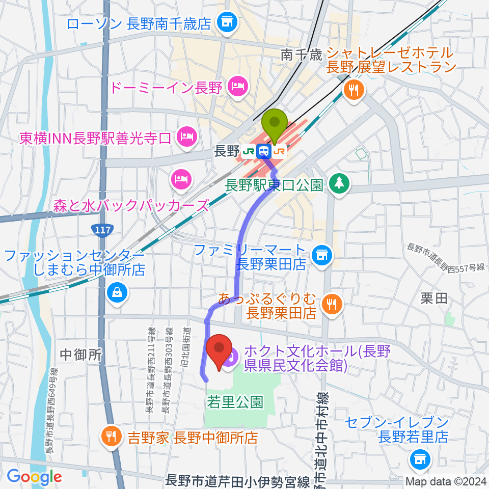 ホクト文化ホールの最寄駅長野駅からの徒歩ルート（約15分）地図