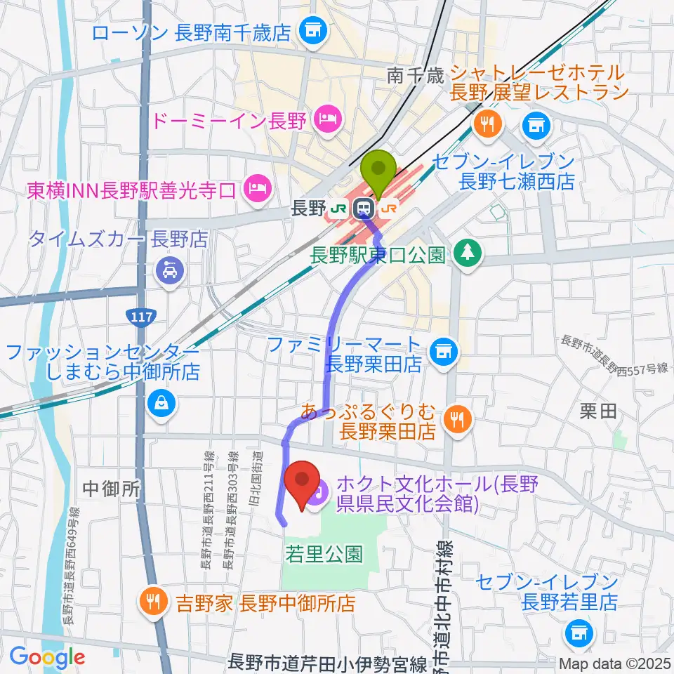 ホクト文化ホールの最寄駅長野駅からの徒歩ルート（約15分）地図