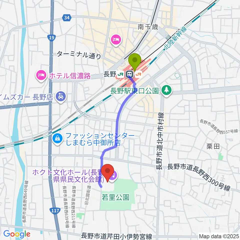 ホクト文化ホールの最寄駅長野駅からの徒歩ルート（約15分）地図