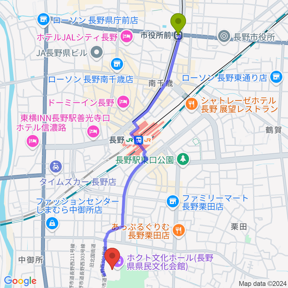 市役所前駅からホクト文化ホールへのルートマップ地図