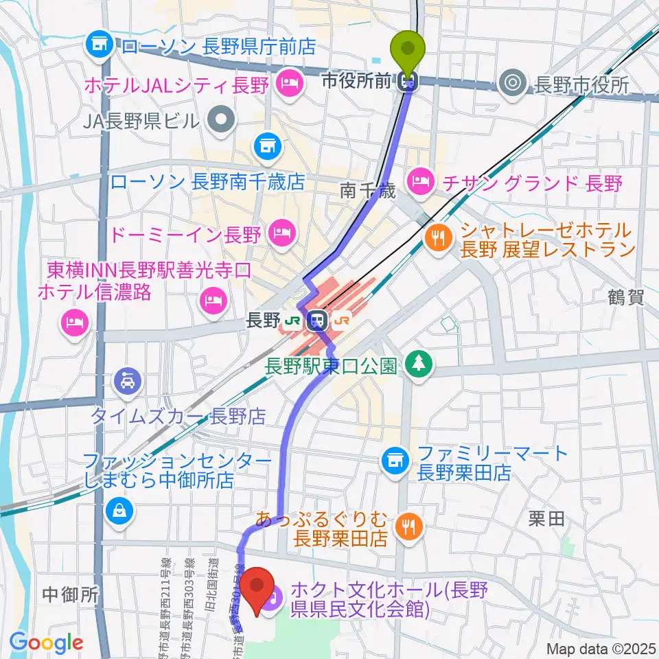 市役所前駅からホクト文化ホールへのルートマップ地図