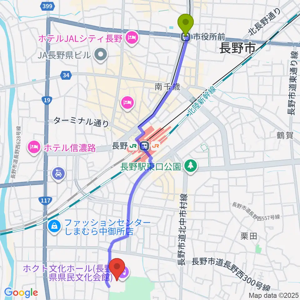 市役所前駅からホクト文化ホールへのルートマップ地図