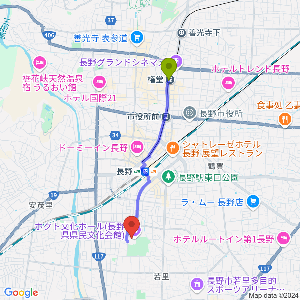 権堂駅からホクト文化ホールへのルートマップ地図