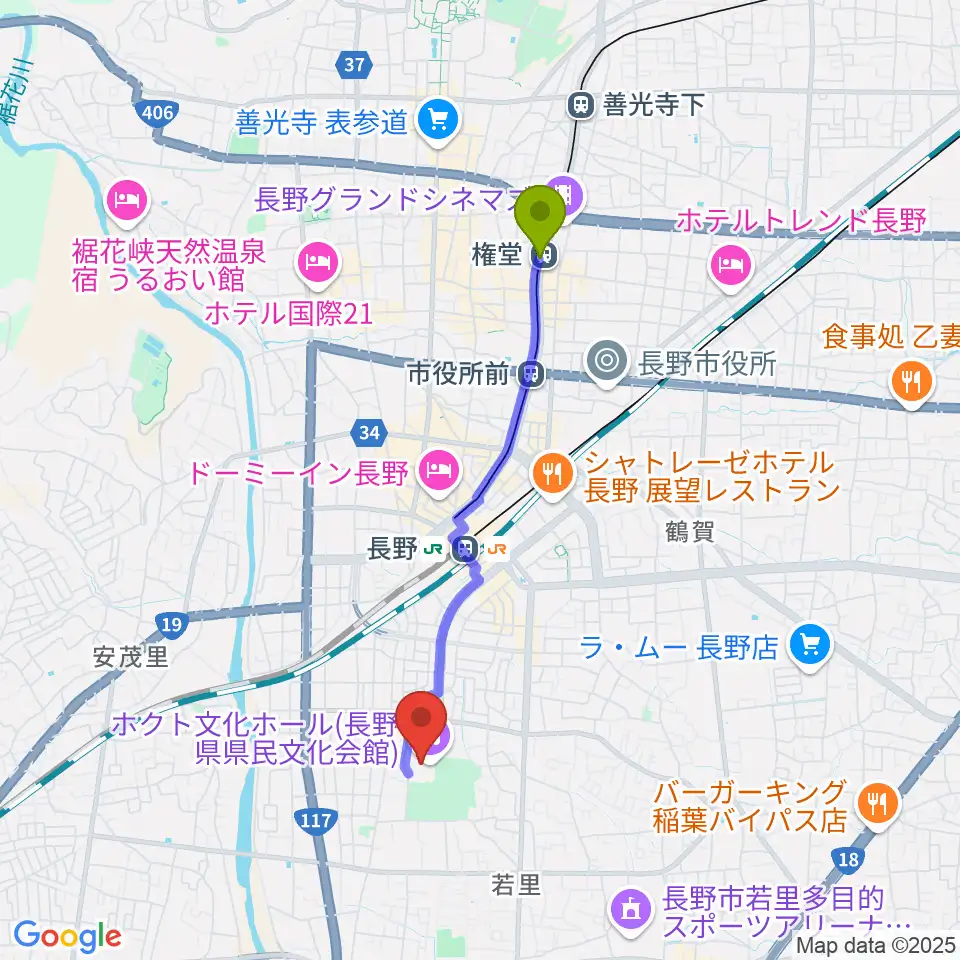 権堂駅からホクト文化ホールへのルートマップ地図