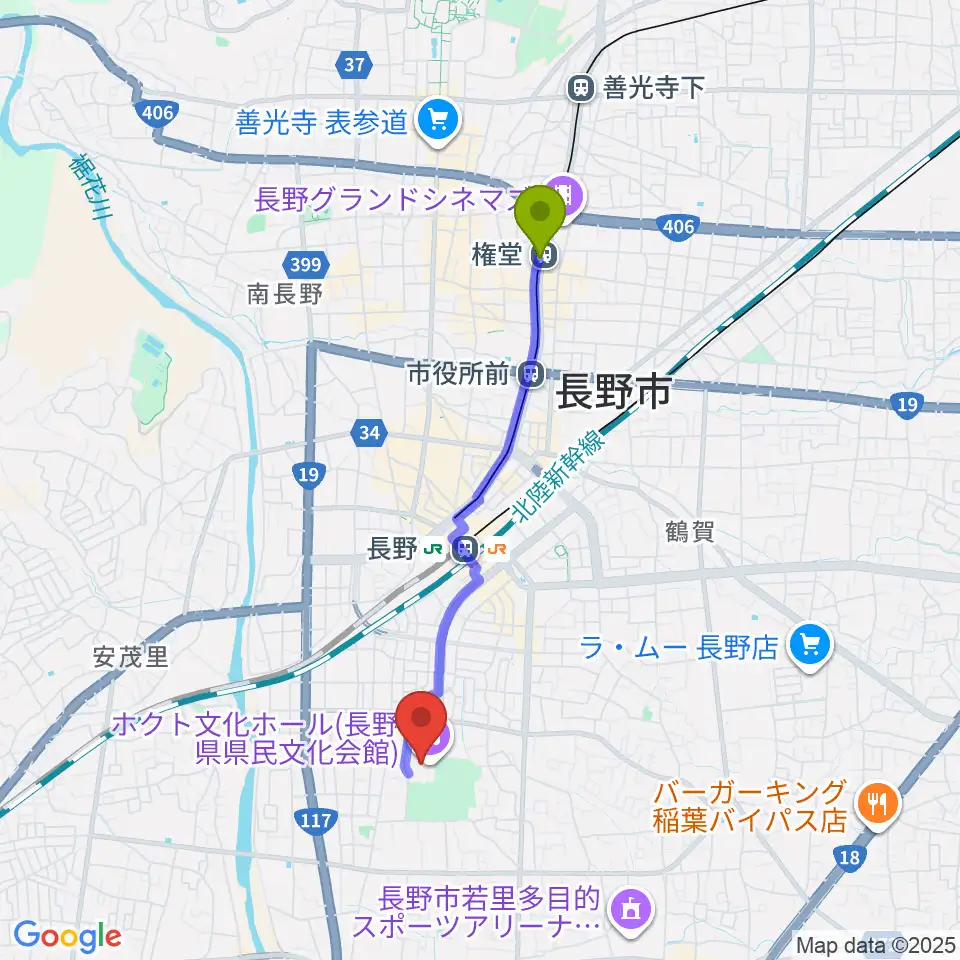 権堂駅からホクト文化ホールへのルートマップ地図