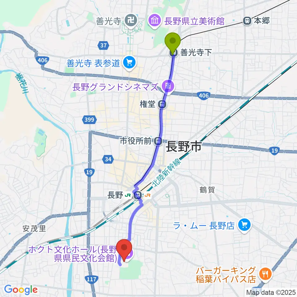善光寺下駅からホクト文化ホールへのルートマップ地図