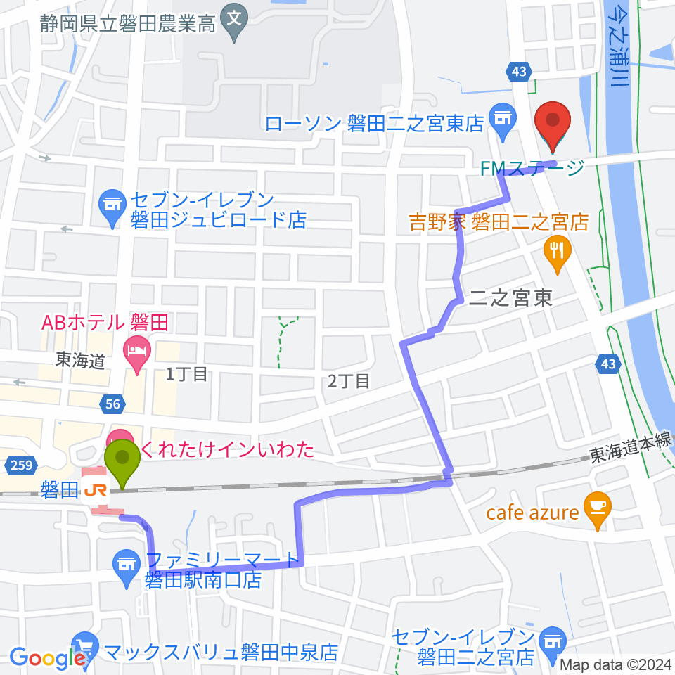 磐田FMステージの最寄駅磐田駅からの徒歩ルート（約13分）地図