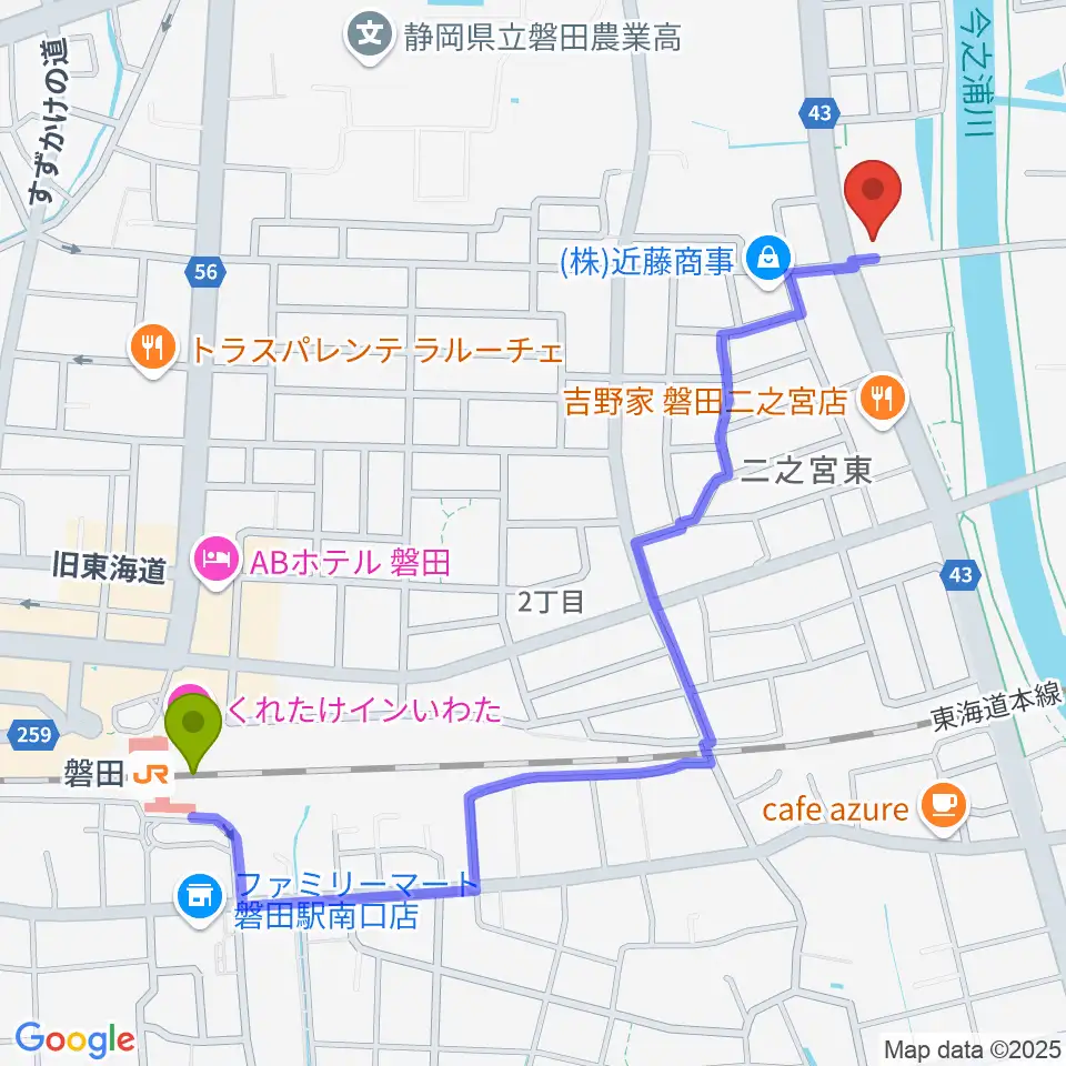 磐田FMステージの最寄駅磐田駅からの徒歩ルート（約13分）地図