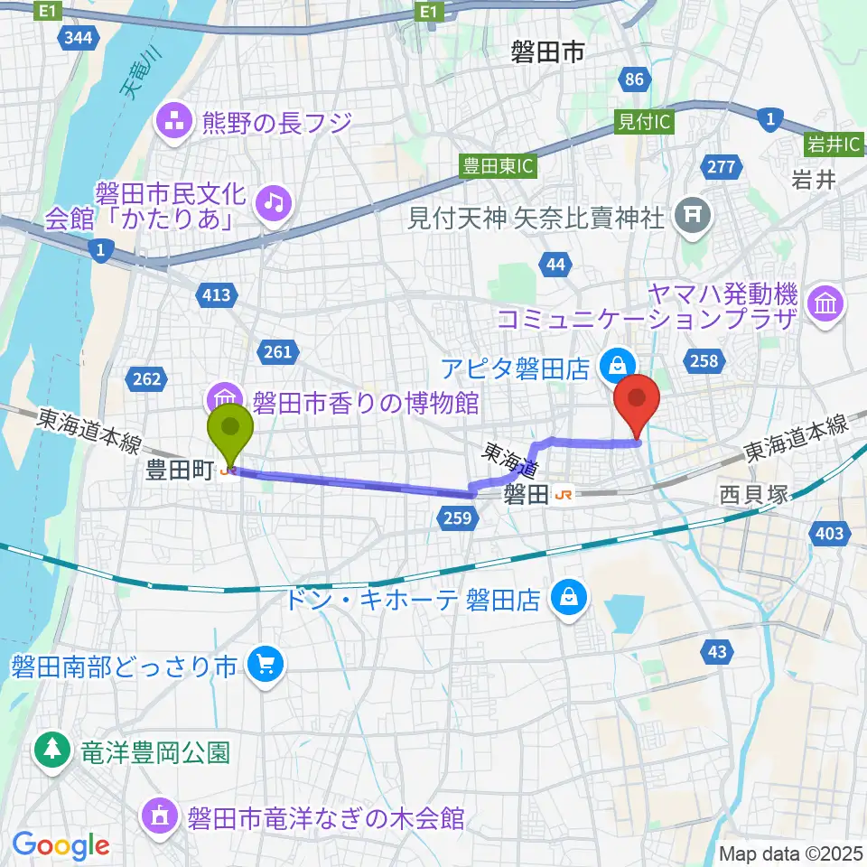 豊田町駅から磐田FMステージへのルートマップ地図