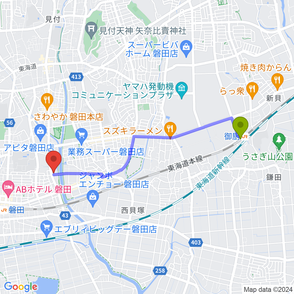 御厨駅から磐田FMステージへのルートマップ地図