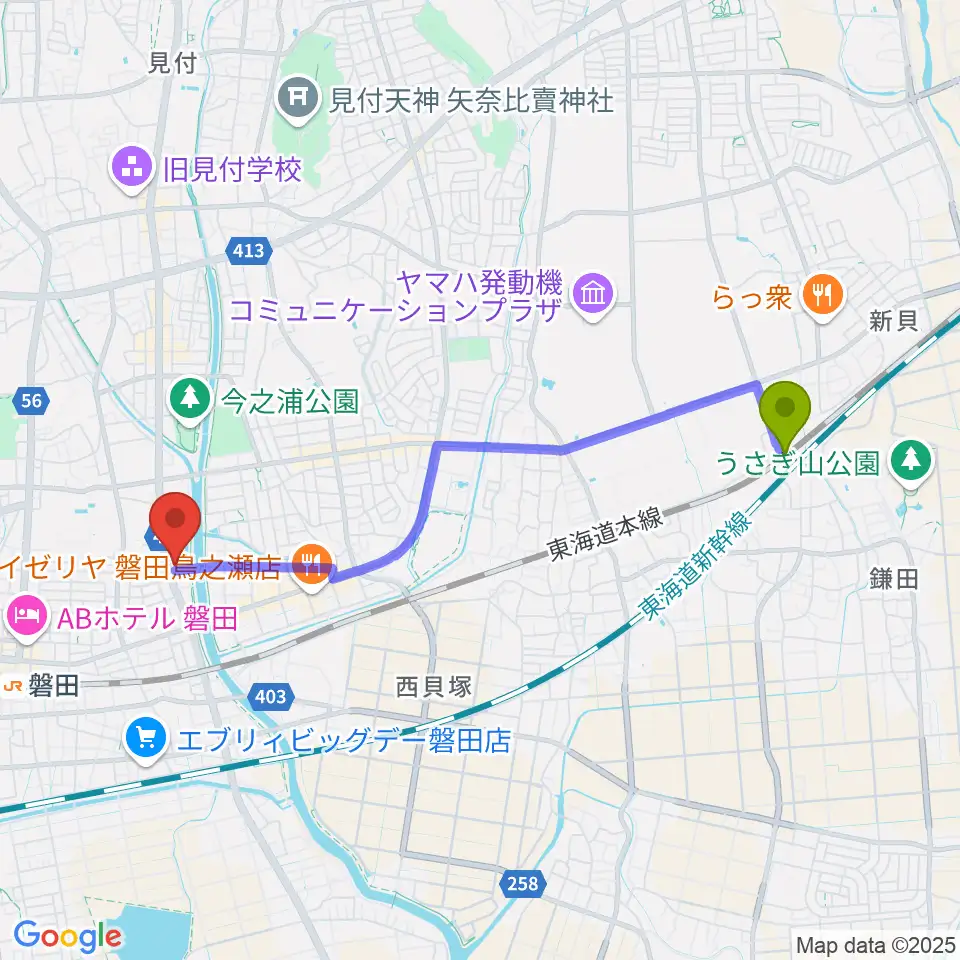 御厨駅から磐田FMステージへのルートマップ地図