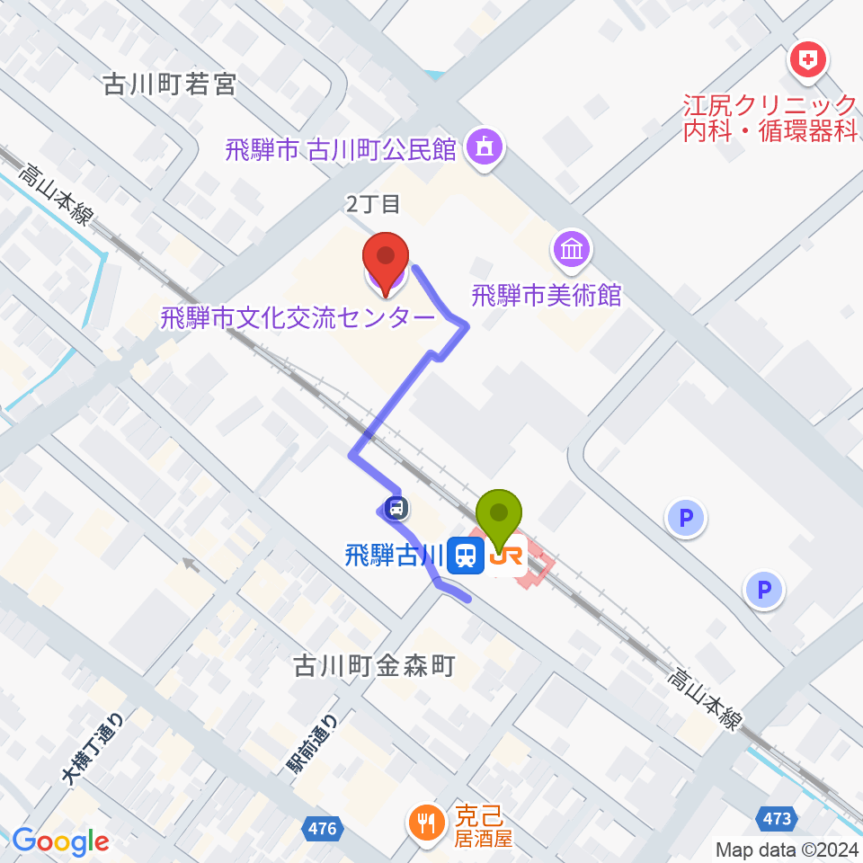 飛騨市文化交流センターの最寄駅飛騨古川駅からの徒歩ルート（約2分）地図