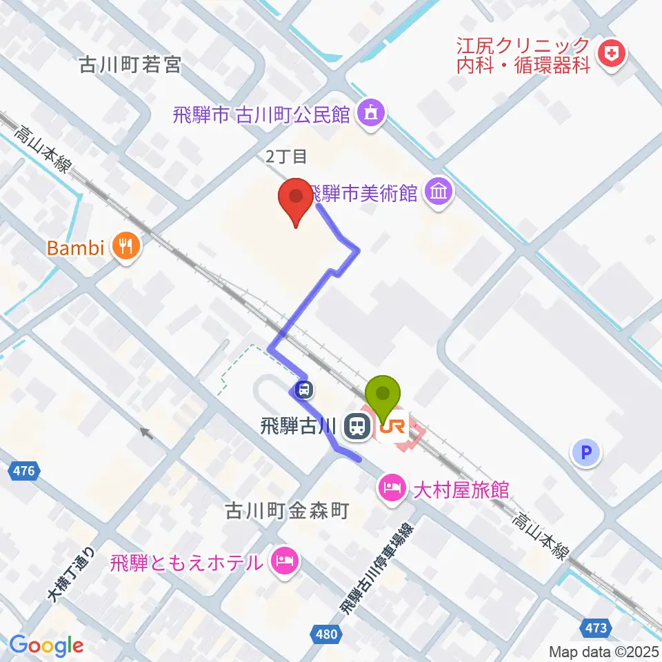 飛騨市文化交流センターの最寄駅飛騨古川駅からの徒歩ルート（約2分）地図