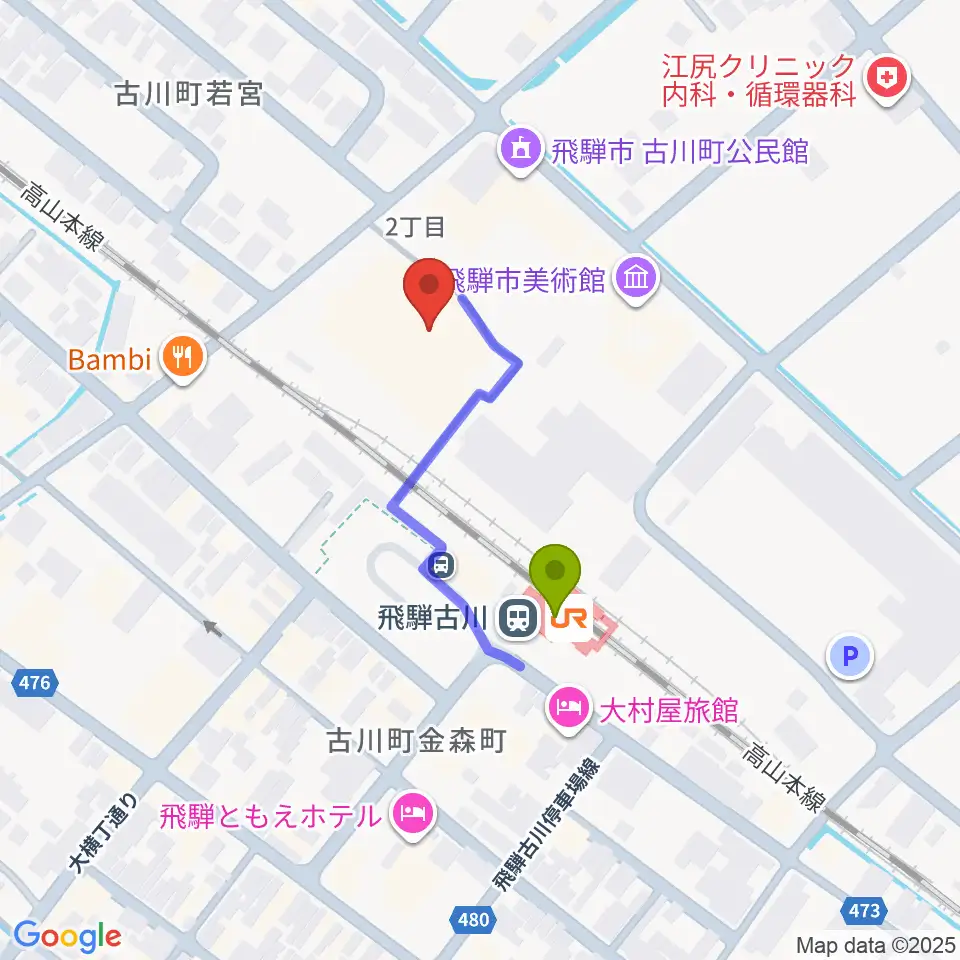 飛騨市文化交流センターの最寄駅飛騨古川駅からの徒歩ルート（約2分）地図