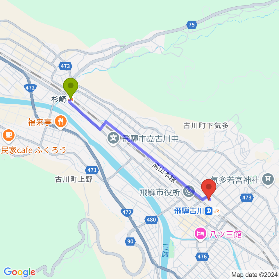 杉崎駅から飛騨市文化交流センターへのルートマップ地図