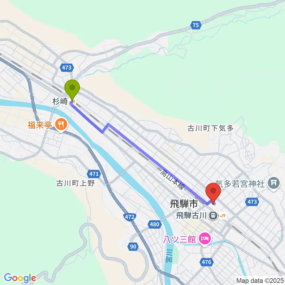 杉崎駅から飛騨市文化交流センターへのルートマップ地図