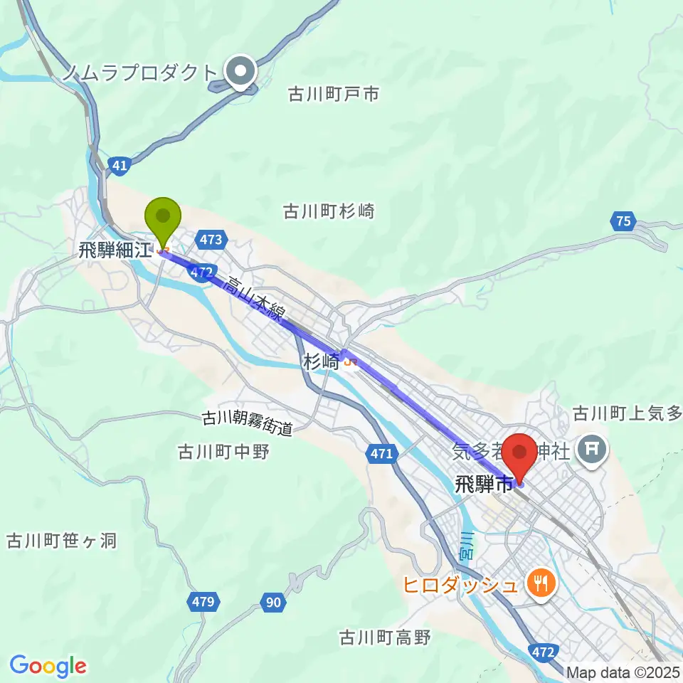 飛騨細江駅から飛騨市文化交流センターへのルートマップ MDATA