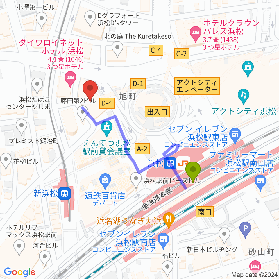 浜松メスカリンドライブの最寄駅浜松駅からの徒歩ルート（約4分）地図
